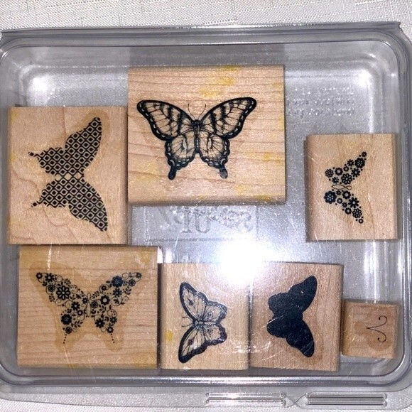 STAMPIN' UP! Stamp Set Of 7 Papillon Potpourri Butterflies Retired Rubber Wooden - Picture 1 of 4